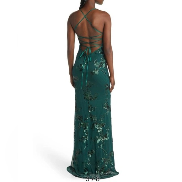 Lulu’s Valhalla Forest Green Sequin Lace-Up Maxi Dress Size Large - Picture 14 of 16